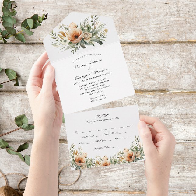 Peach Beige Floral Wedding All In One Invitation (Beige Peach Watercolor Floral Greenery Botanical All in one Wedding Invitation)