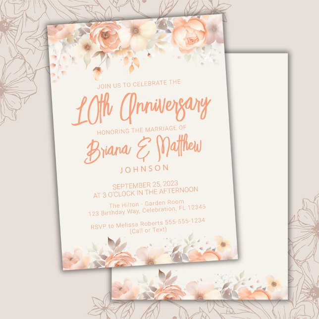 Peach Beige Ivory Floral 10th Wedding Anniversary  Invitation (Creator Uploaded)
