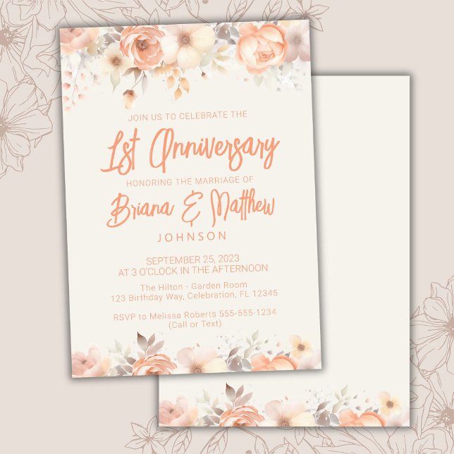 Peach Beige Ivory Floral 1st Wedding Anniversary  Invitation (Creator Uploaded)