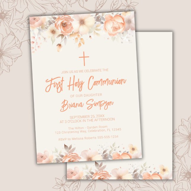 Peach Beige Ivory Floral First Holy Communion Invitation (Creator Uploaded)
