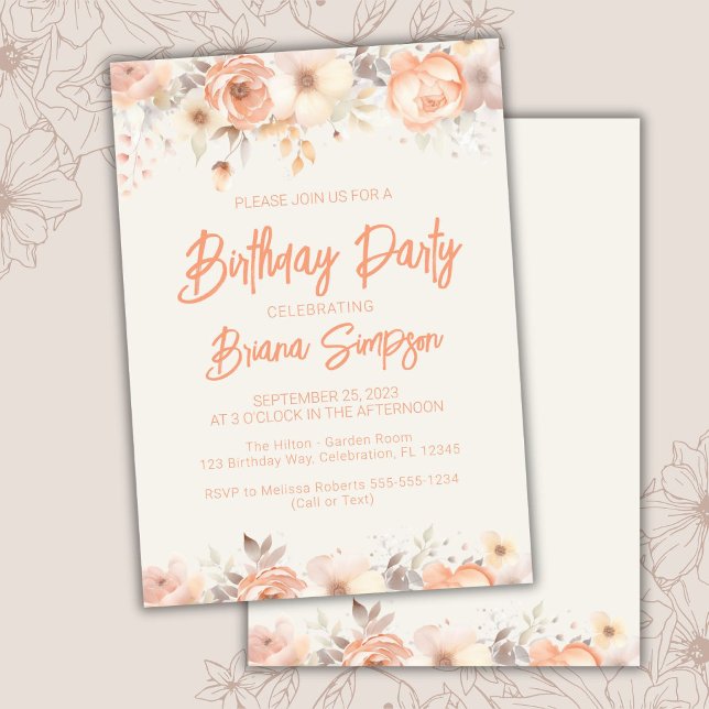 Peach Beige Ivory Flowers Birthday Party Invitation (Creator Uploaded)