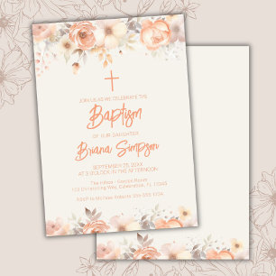 Peach Beige Ivory Flowers Floral Baptism Invitation