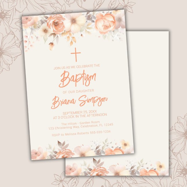 Peach Beige Ivory Flowers Floral Baptism Invitation (Creator Uploaded)