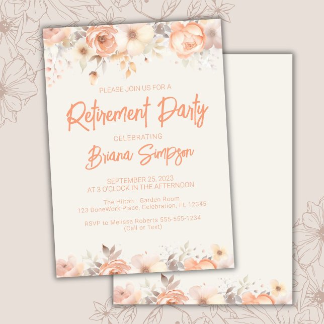 Peach Beige Ivory Flowers Floral Retirement Party Invitation (Creator Uploaded)