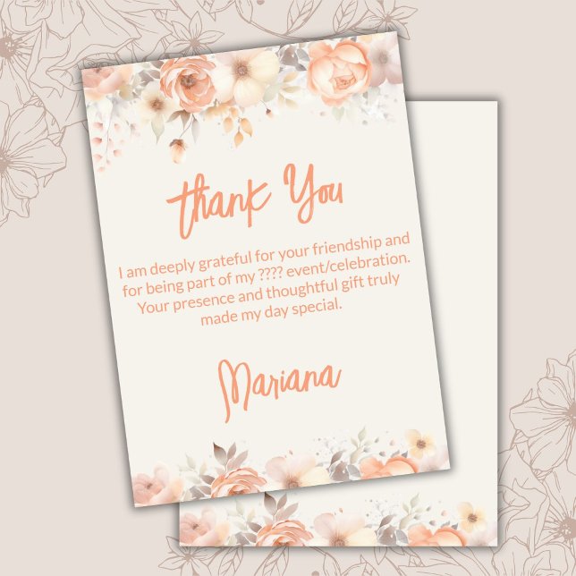 Peach Beige Ivory Flowers Floral Thank You Card (Creator Uploaded)