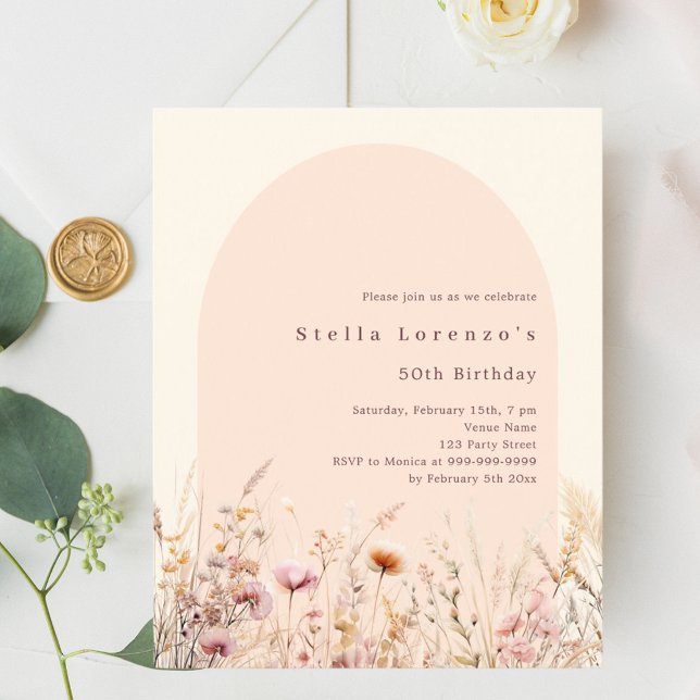 Peach beige wildflower budget birthday invitation (Creator Uploaded)