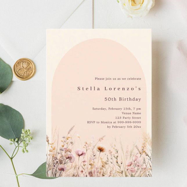 Peach beige wildflower florals birthday luxury invitation (Creator Uploaded)
