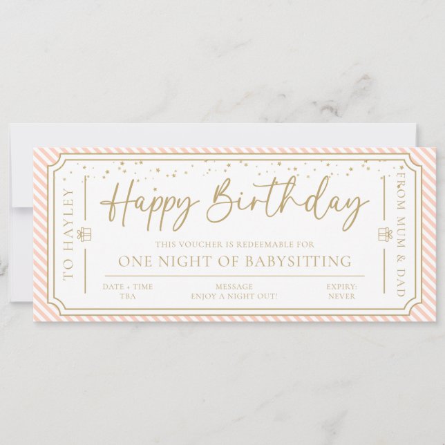 Peach Birthday Babysitting Gift Voucher Card (Front)