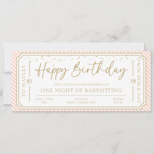 Peach Birthday Babysitting Gift Voucher Card