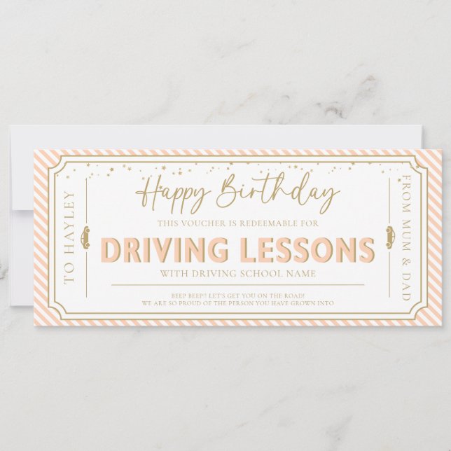 Peach Birthday Driving Lessons Gift Voucher Card (Front)