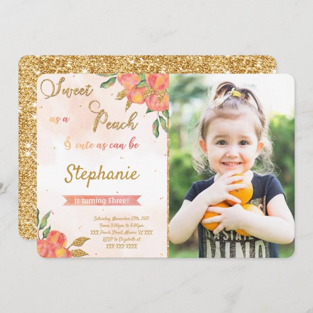Peach Birthday Photo Invitations  (Front/Back)
