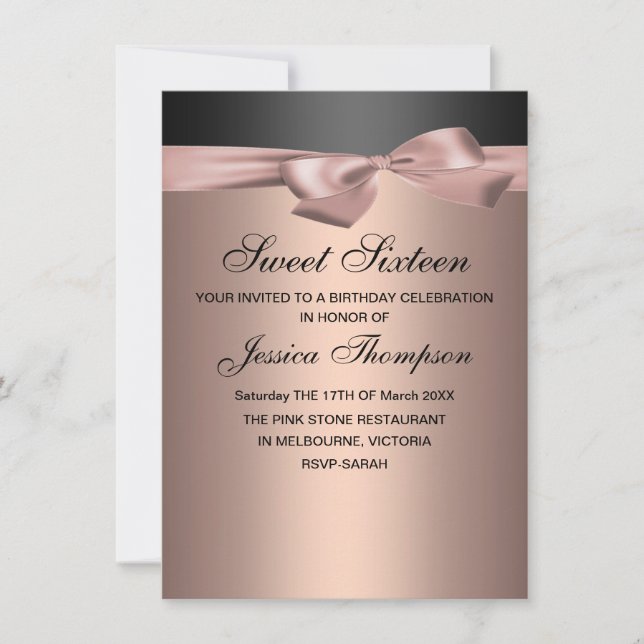 Peach & Black Bow Sweet 16 Birthday Invitation (Front)