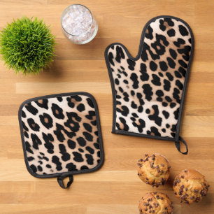 Peach Black Cream Leopard Wedding Oven Mitt & Pot Holder Set