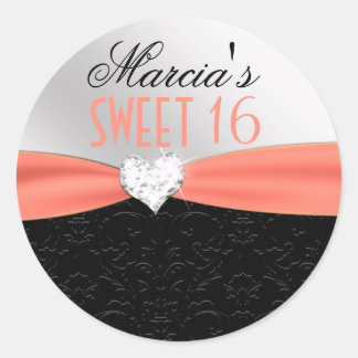 Peach Black Floral Damask Diamond Heart Seal