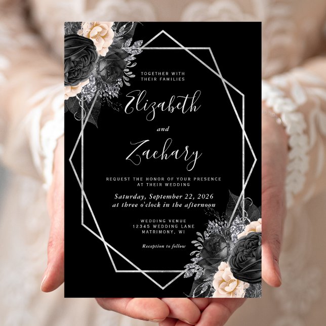 Peach Black Floral Silver Frame Wedding Invitation (Creator Uploaded)