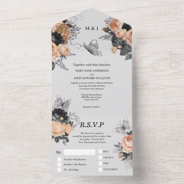 Peach black grey butterfly rose floral chic  all in one invitation (Inside)