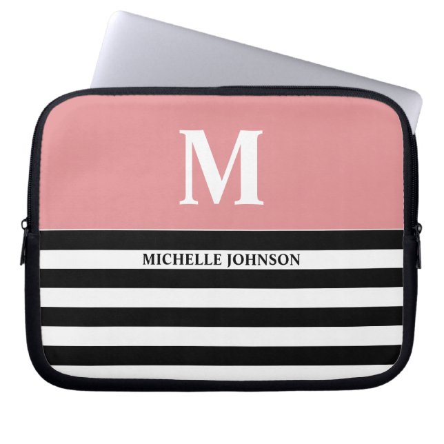 Peach Black Striped Laptop Case for Women or Girl (Front)