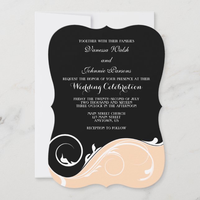 Peach Black Swirl Bracket Wedding Invites (Front)