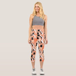 Peach Black White Abstract Pattern. Capri Leggings