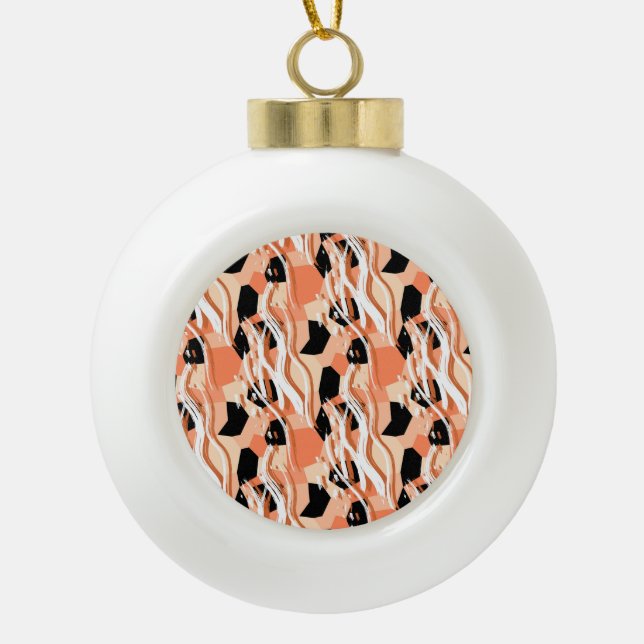 Peach Black White Abstract Pattern. Ceramic Ball Christmas Ornament (Front)