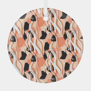 Peach Black White Abstract Pattern. Glass Tree Decoration