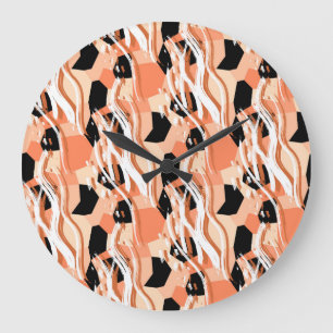 Peach Black White Abstract Pattern. Large Clock