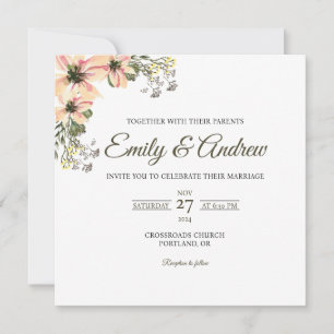 Peach Bloom Floral Watercolor Square Wedding Invitation