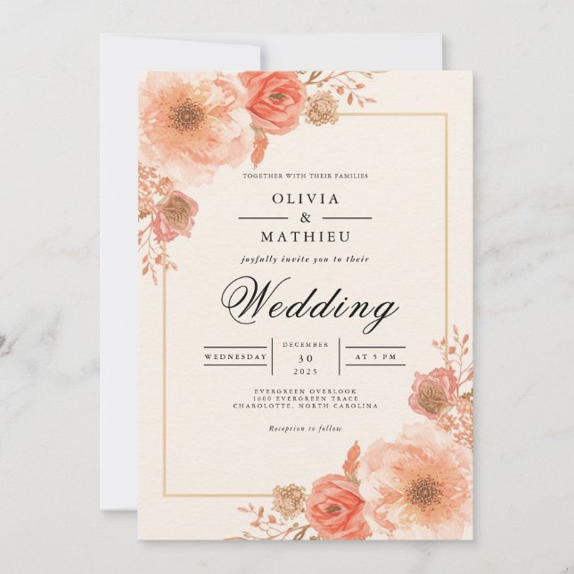 Peach Blossom Border Wedding Invitation (Front)