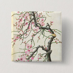 Peach blossom (colour on paper) 15 cm square badge