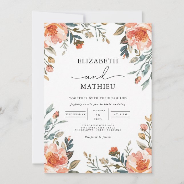 Peach Blossom Floral Border Wedding Invitation (Front)