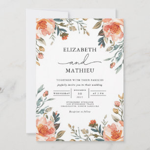 Peach Blossom Floral Border Wedding Invitation