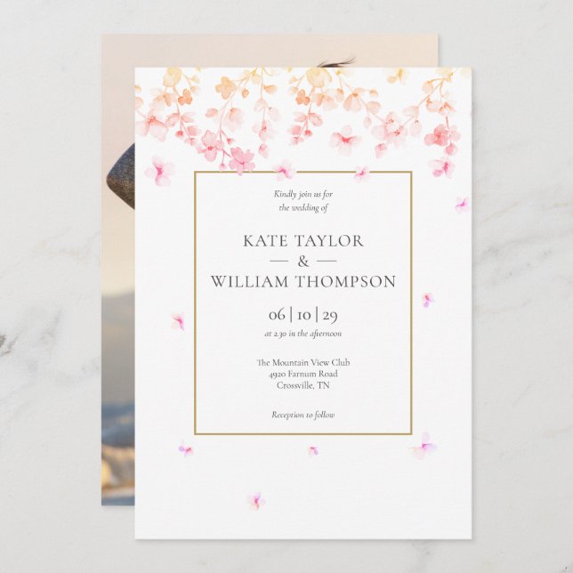 Peach Blossom Floral Photo Wedding Invitation (Front/Back)