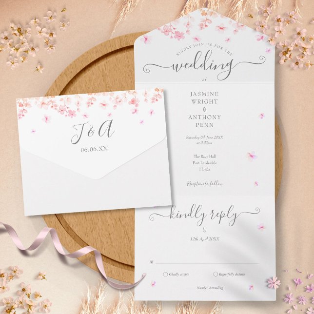 Peach Blossom Floral Script Monogram  All In One Invitation (Creator Uploaded)