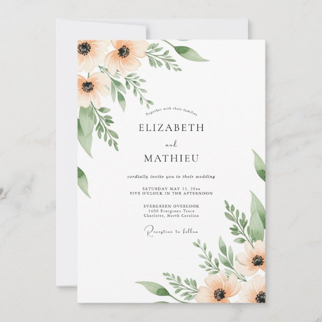 Peach Blossom Painterly Flourish Wedding Invitation (Front)