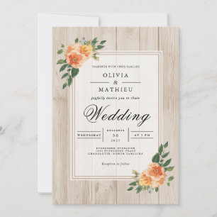 Peach Blossom Rustic Wood Wedding Invitation