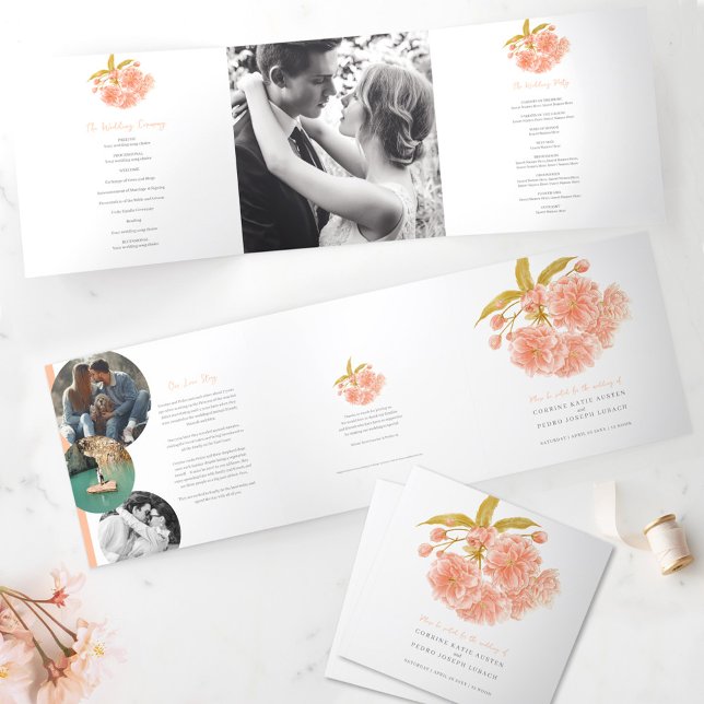 Peach blossom watercolor wedding Tri-Fold Program (Creator Uploaded)