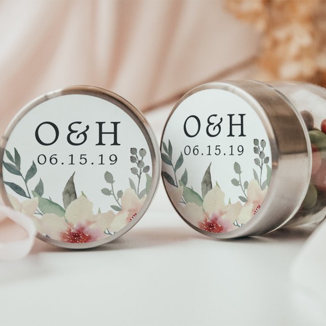 Peach Blossom Wedding Monogram & Date Classic Round Sticker (Creator Uploaded)