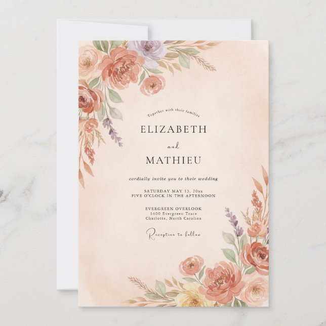 Peach Blossom Whimsical Flourish Wedding Invitation (Front)