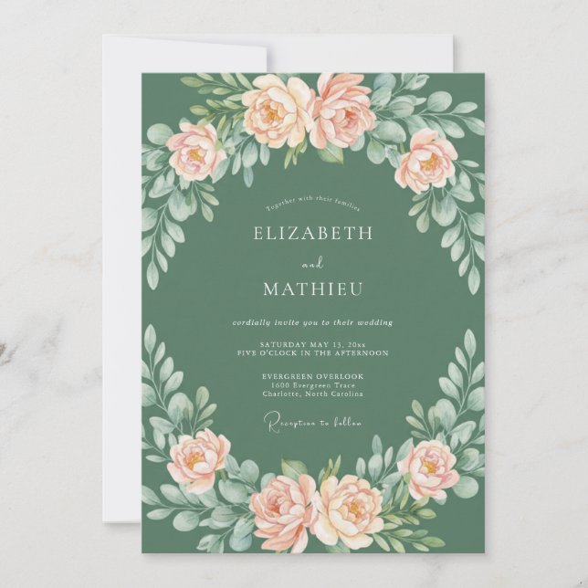 Peach Blossom Wreath Wedding Invitation (Front)