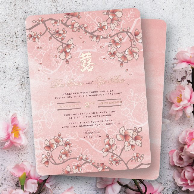 Peach Blossoms Double Happiness 囍 Chinese Wedding (Eternal Love - Pink Peach Blossoms 囍 Chinese Wedding Foil Invitation @ fatfatin_red_knot)