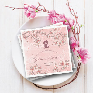 Peach Blossoms Double Happiness Chinese Wedding Napkin