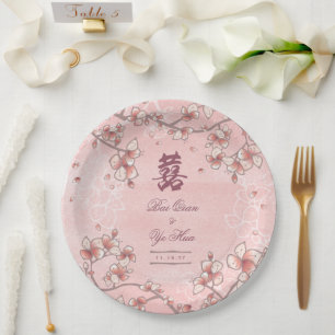 Peach Blossoms Double Happiness Chinese Wedding Paper Plate
