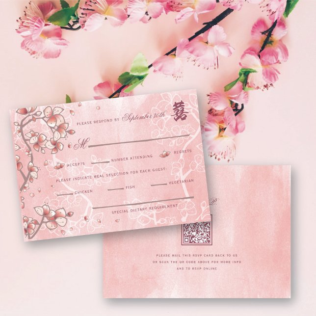 Peach Blossoms Double Happiness Chinese Wedding RSVP Card (Pink Peach/Plum Blossoms Double Happiness Elegant Chinese Wedding RSVP Card @ fatfatin_red_knot)