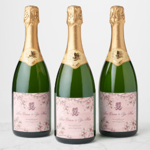 Peach Blossoms Double Happiness Chinese Wedding Sparkling Wine Label