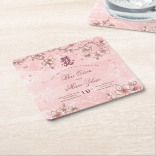 Peach Blossoms Double Happiness Chinese Wedding Square Paper Coaster
