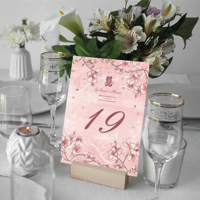 Peach Blossoms Double Happiness Chinese Wedding Table Number (Creator Uploaded)