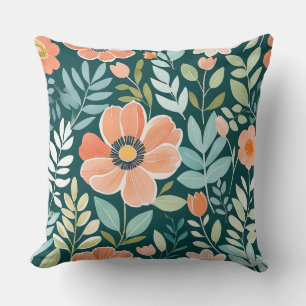 Peach, Blue and Green Boho Whimsical Floral Cushion