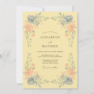 Peach Blue Artistic Floral Wedding Invitation