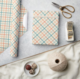 Peach Blue Beige Pastel Plaid Wrapping Paper