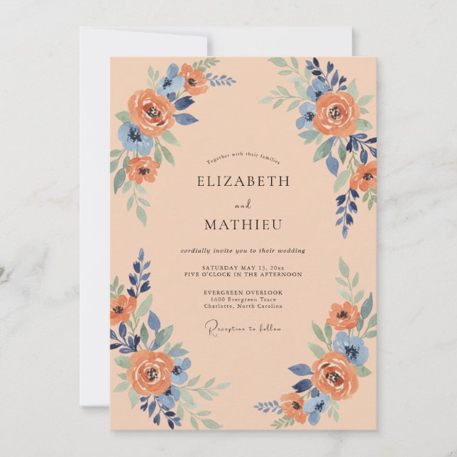 Peach Blue Blossom Arch Wedding Invitation (Front)